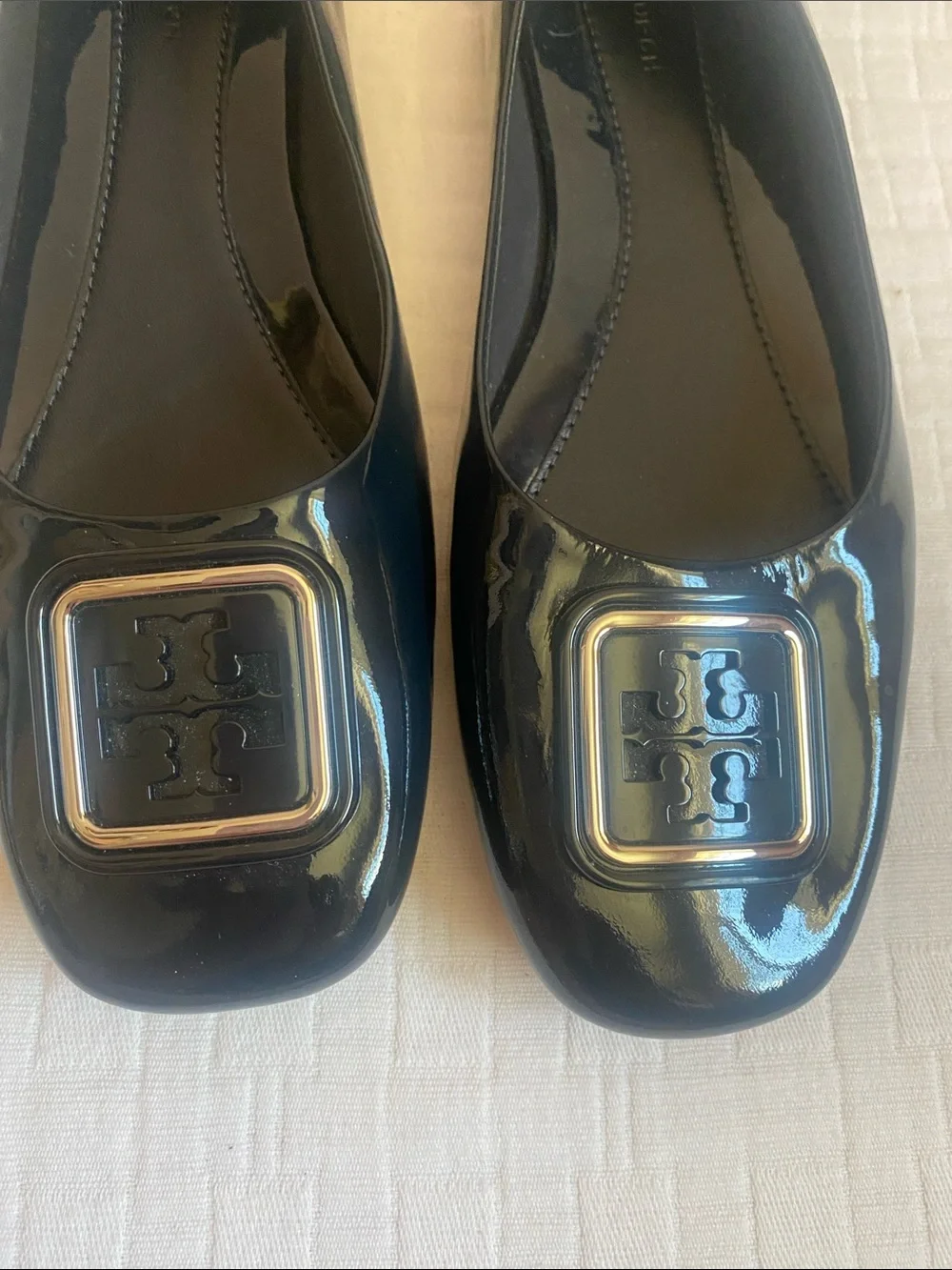 TORY BURCH  Dark Blue Patent Leather Logo Square-Toe Ballet Flats